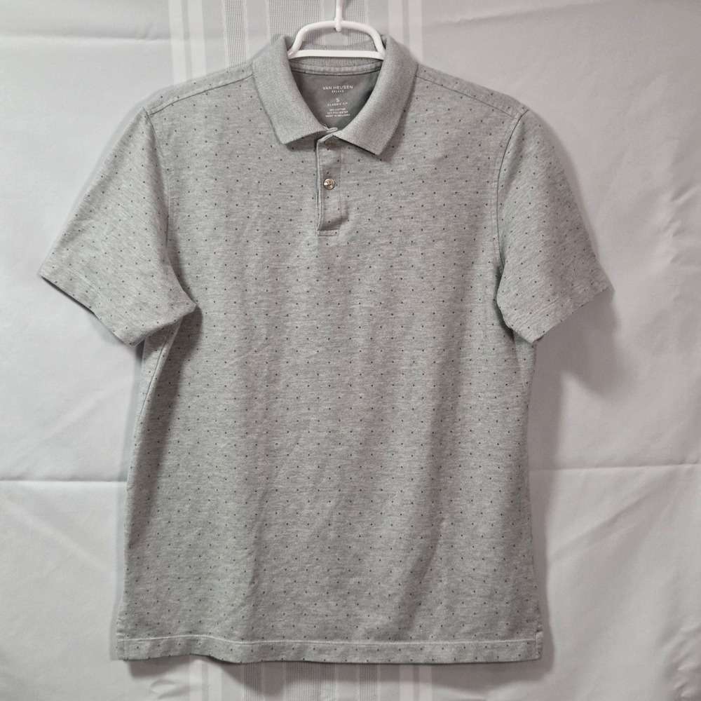 Van Heusen Polo Shirt Mens Small Gray Flex Classic Fit Micro Dot Short Sleeve